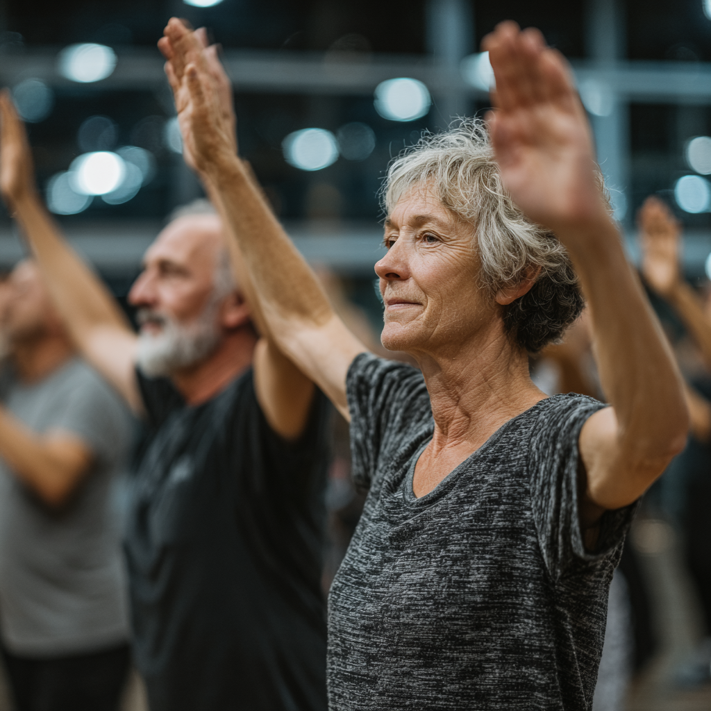 Група людей у віці 50-60 років виконує різноманітні вправи під керівництвом досвідченого тренера у просторому залі