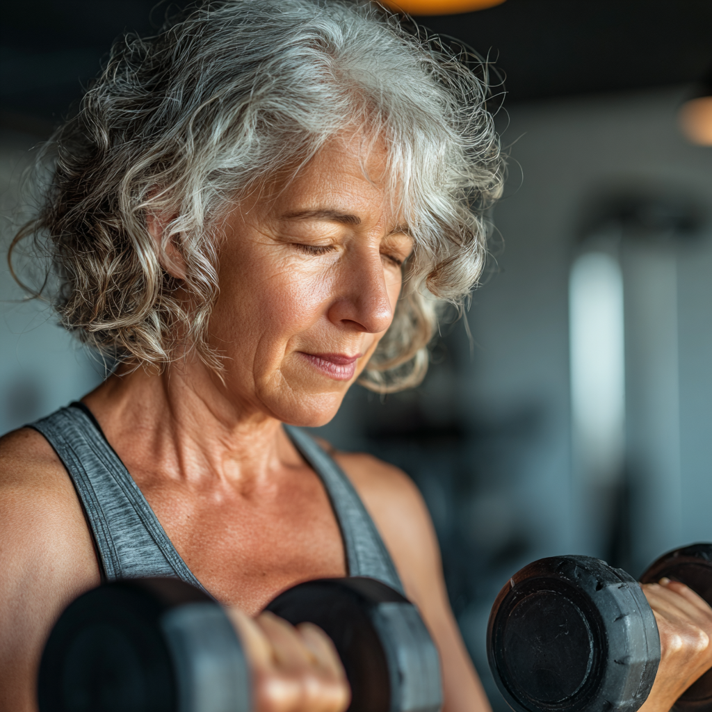 Активна жінка у віці 55 років виконує силові вправи з гантелями у сучасному фітнес-залі, демонструє правильну техніку та концентрацію